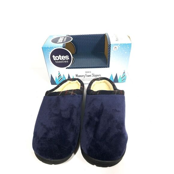 Totes Toasties Memory Foam Navy & Plaid Corduroy Slippers Men Size 11-12 XL NIB - Picture 4 of 6